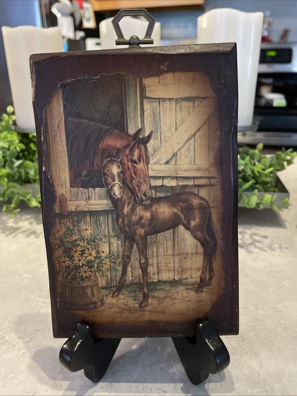 Vintage 1970’s.(Masterpiece Collection) Mare Horse & Baby Decoupage On Wood 6x4
